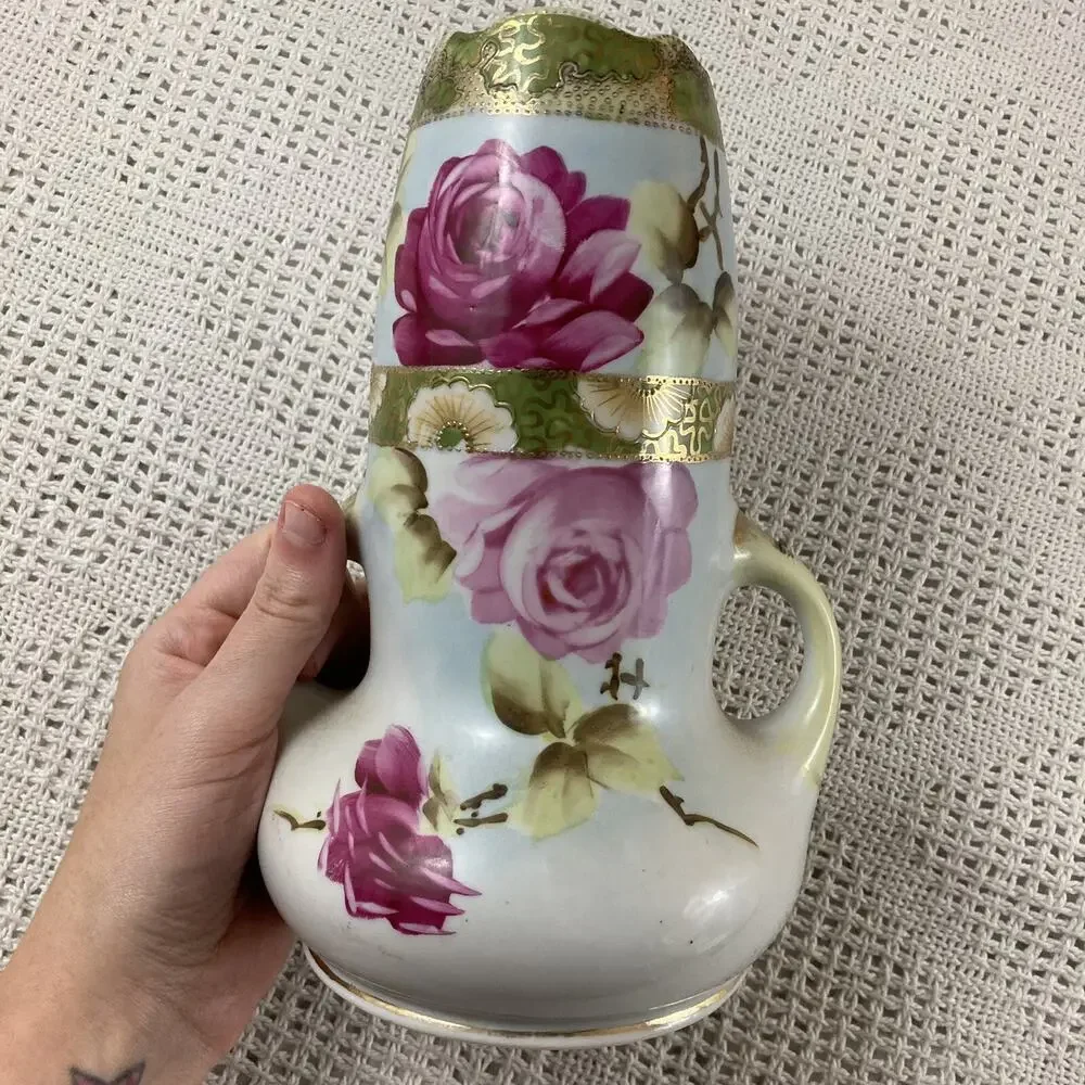 Nippon Vase Jug 2 Handled Hand Painted Pink Rose Green & Gold 8